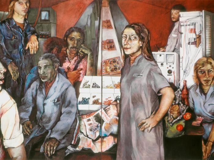 Monika Sieveking, Gruppenbild mit Siemensarbeiter/innen, 1973, Öl auf Leinwand